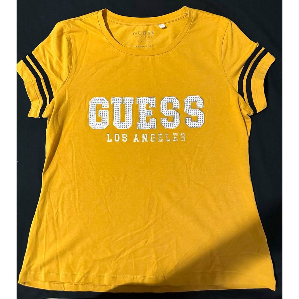 Guess  Gold Large Logo Mustard Yellow Short Sleeve Women's T-Shirt.